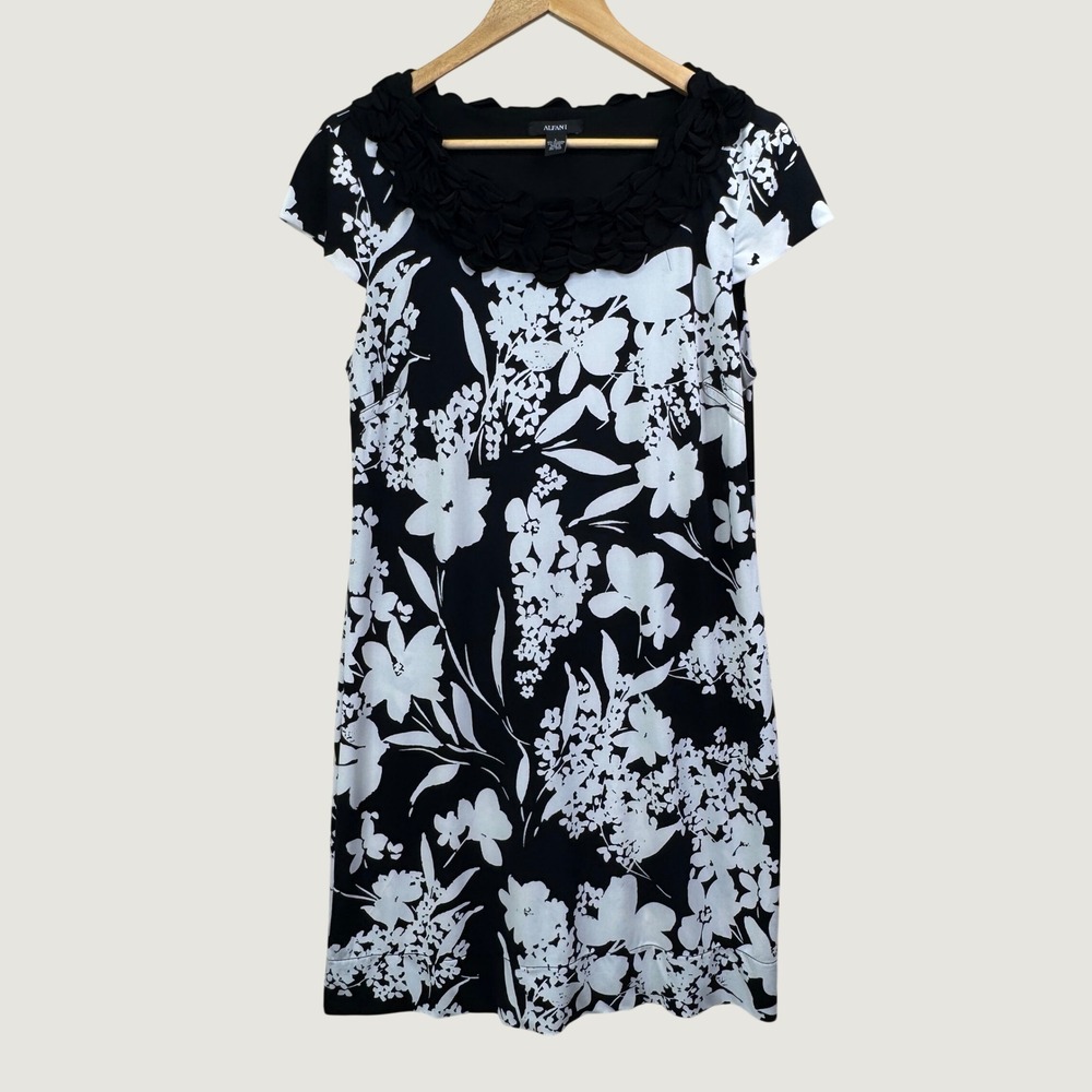 Alfani Floral Sheath Dress L Black White Petal Neck Cap Sleeve Classic Feminine
